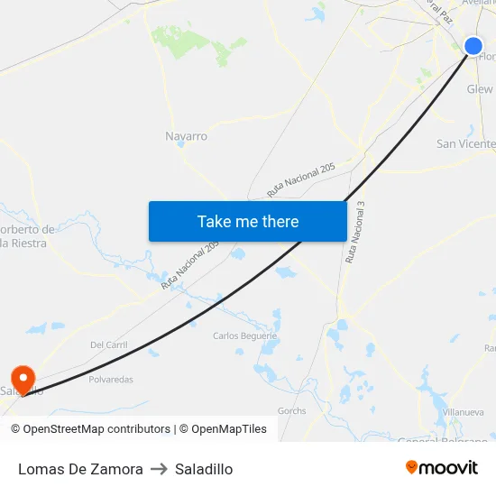 Lomas De Zamora to Saladillo map