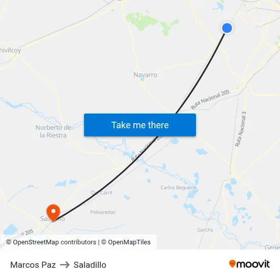 Marcos Paz to Saladillo map