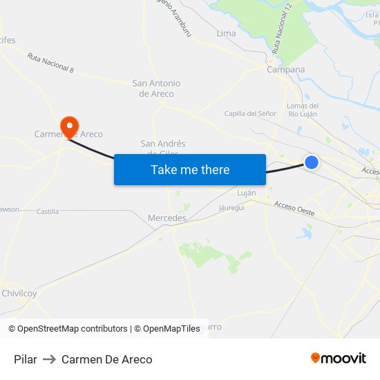 Pilar to Carmen De Areco map