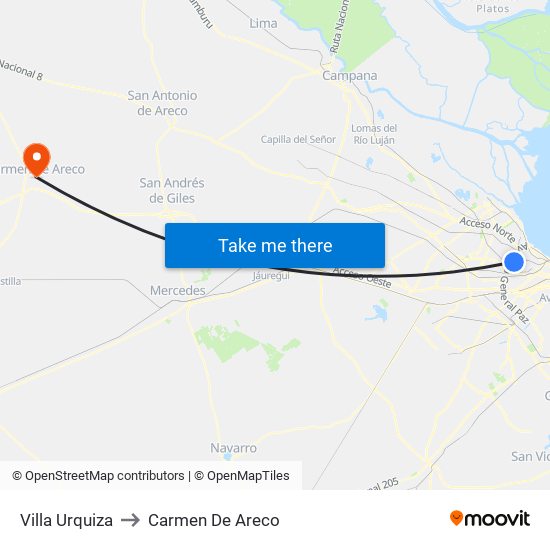 Villa Urquiza to Carmen De Areco map