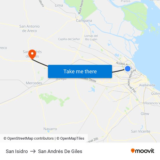 San Isidro to San Andrés De Giles map