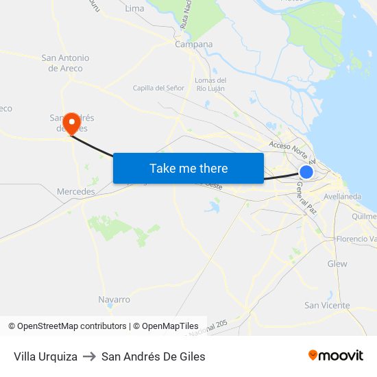 Villa Urquiza to San Andrés De Giles map