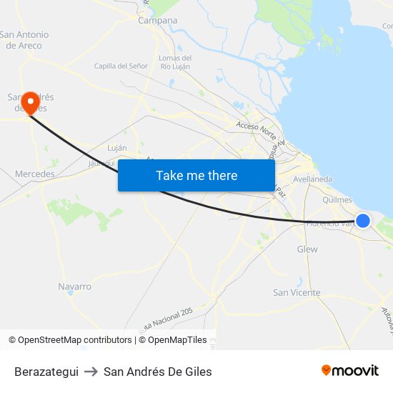 Berazategui to San Andrés De Giles map