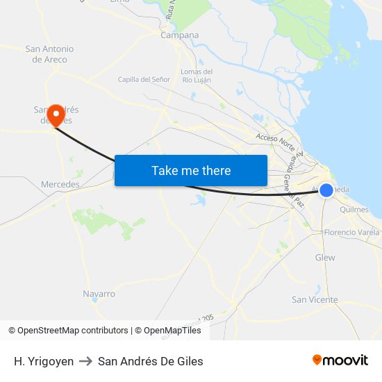 H. Yrigoyen to San Andrés De Giles map