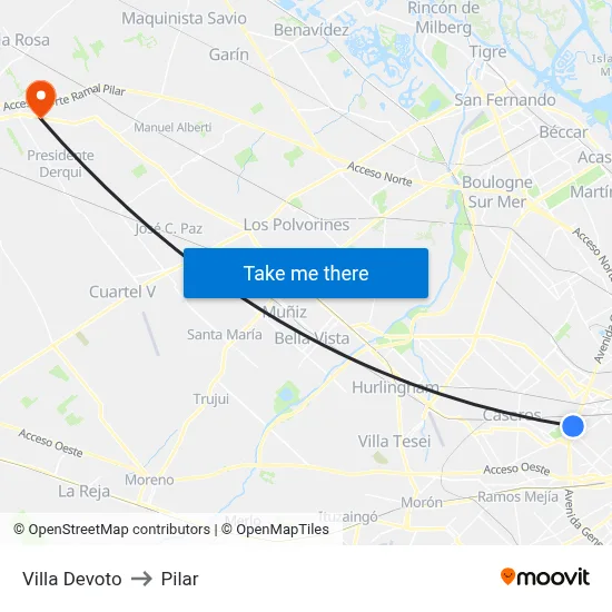 Villa Devoto to Pilar map