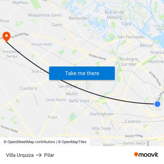 Villa Urquiza to Pilar map