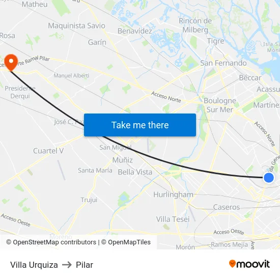 Villa Urquiza to Pilar map