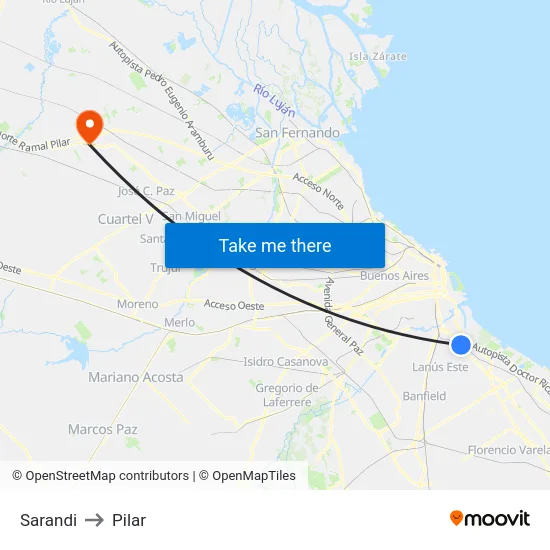 Sarandi to Pilar map