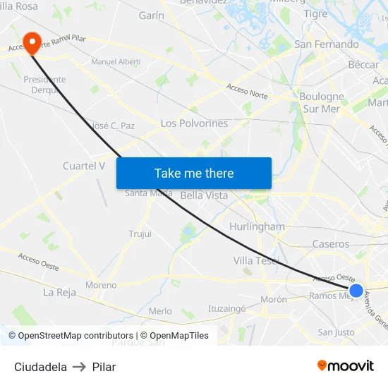 Ciudadela to Pilar map