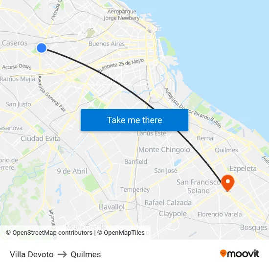 Villa Devoto to Quilmes map