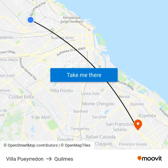 Villa Pueyrredon to Quilmes map