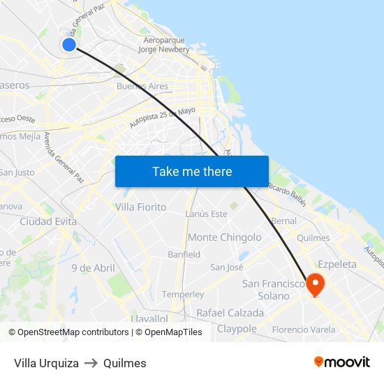 Villa Urquiza to Quilmes map