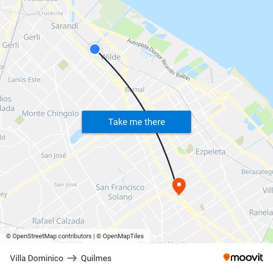 Villa Dominico to Quilmes map