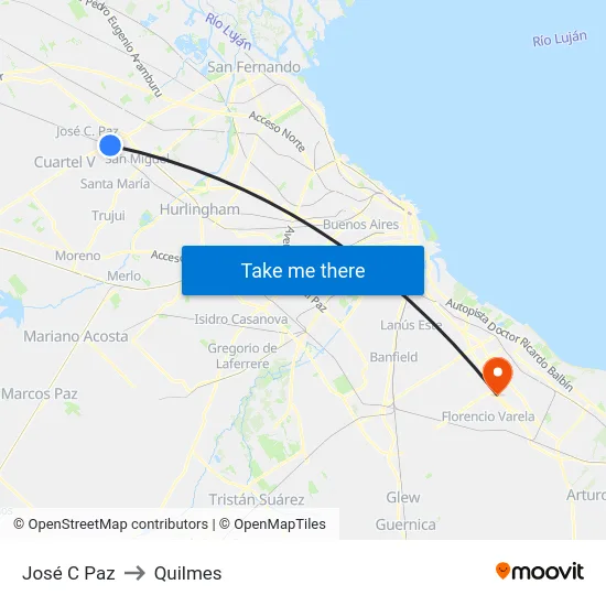 José C Paz to Quilmes map