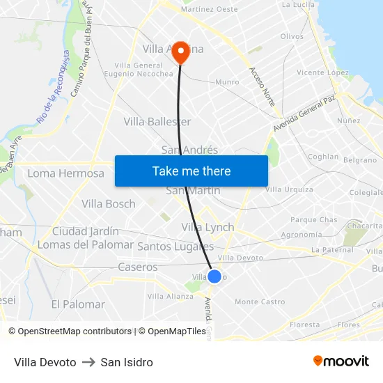 Villa Devoto to San Isidro map