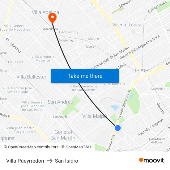 Villa Pueyrredon to San Isidro map