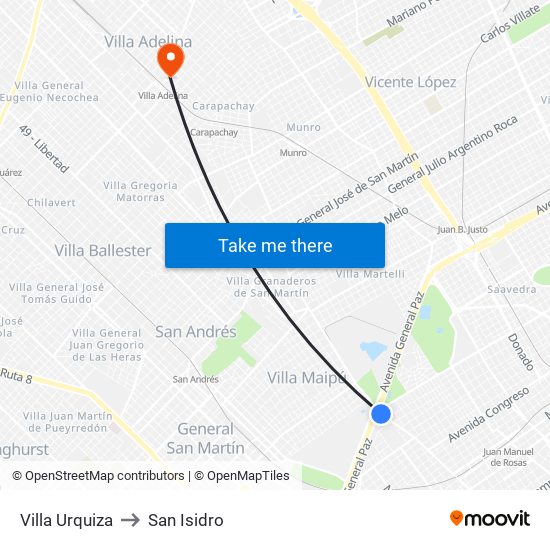 Villa Urquiza to San Isidro map