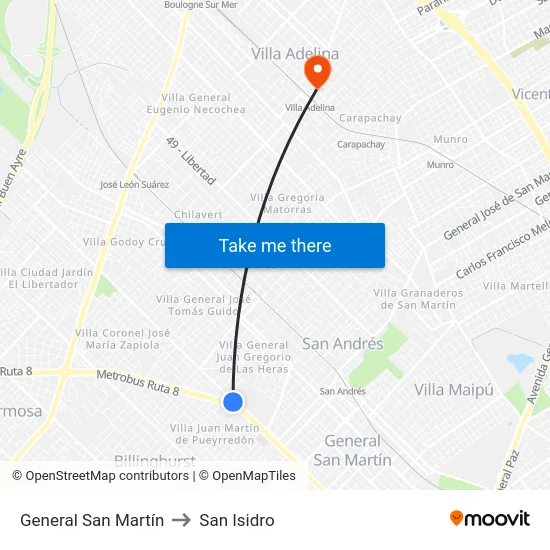 General San Martín to San Isidro map