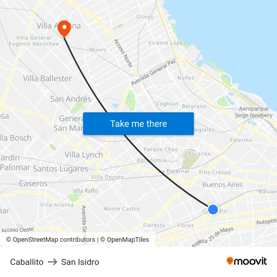 Caballito to San Isidro map