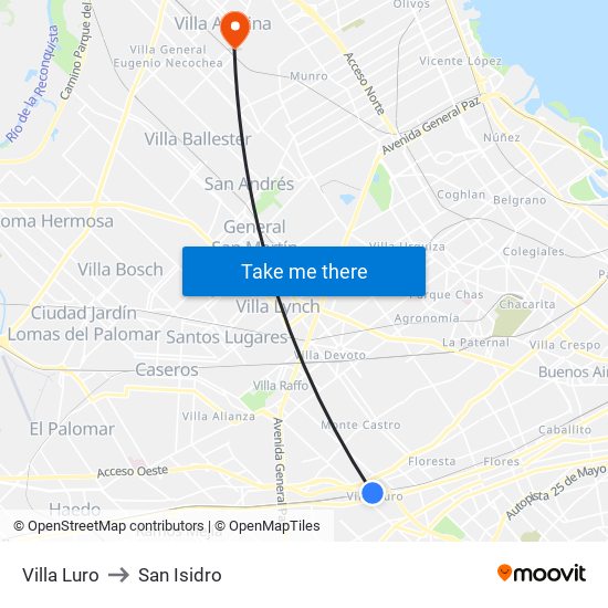 Villa Luro to San Isidro map