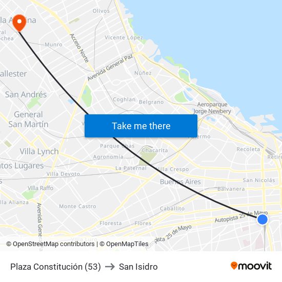 Plaza Constitución (53) to San Isidro map