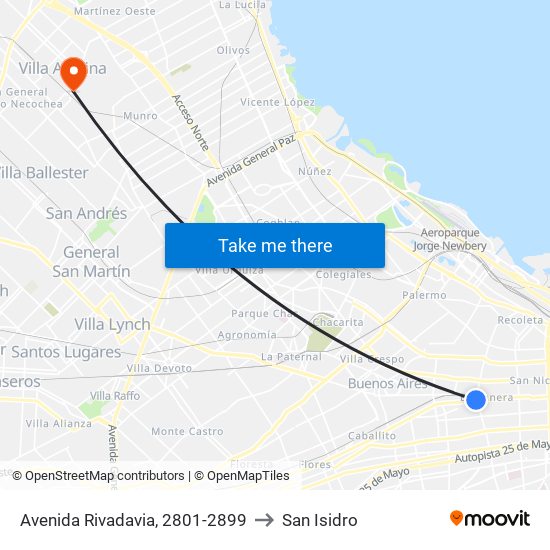Avenida Rivadavia, 2801-2899 to San Isidro map