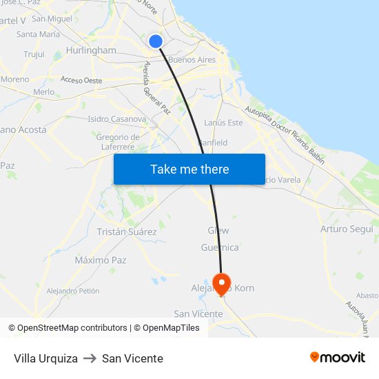 Villa Urquiza to San Vicente map
