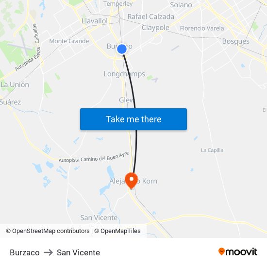Burzaco to San Vicente map
