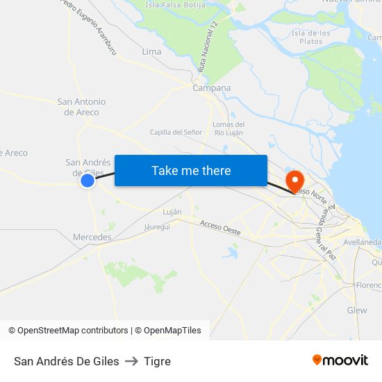 San Andrés De Giles to Tigre map