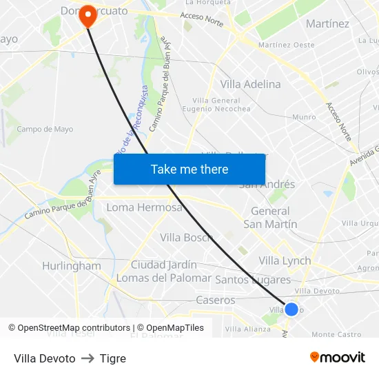 Villa Devoto to Tigre map