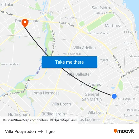 Villa Pueyrredon to Tigre map