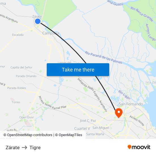Zárate to Tigre map