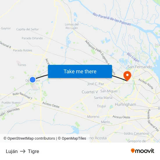 Luján to Tigre map