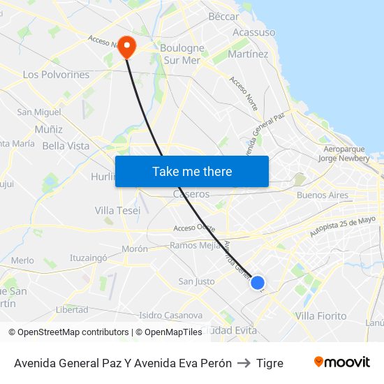 Avenida General Paz Y Avenida Eva Perón to Tigre map