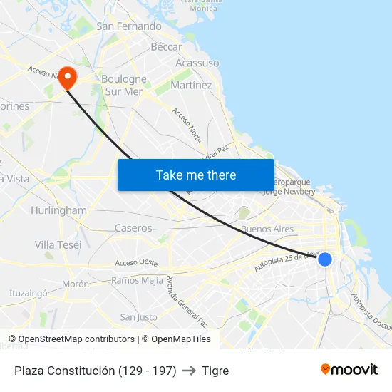Plaza Constitución (129 - 197) to Tigre map