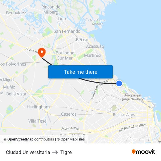 Ciudad Universitaria to Tigre map