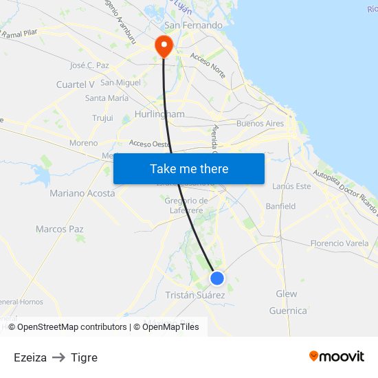 Ezeiza to Tigre map