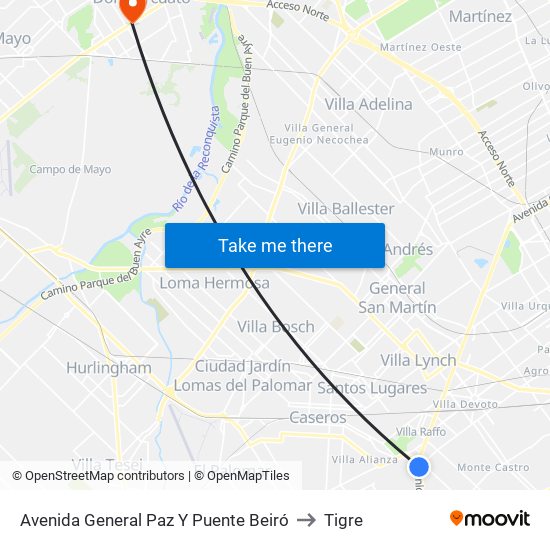 Avenida General Paz Y Puente Beiró to Tigre map