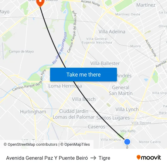 Avenida General Paz Y Puente Beiró to Tigre map