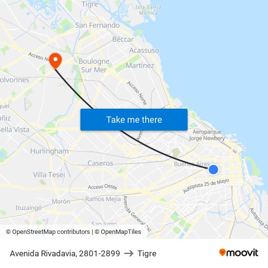 Avenida Rivadavia, 2801-2899 to Tigre map