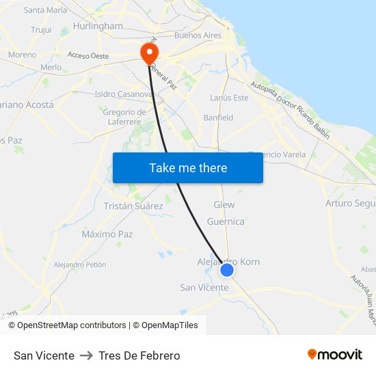San Vicente to Tres De Febrero map