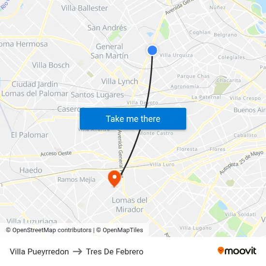 Villa Pueyrredon to Tres De Febrero map