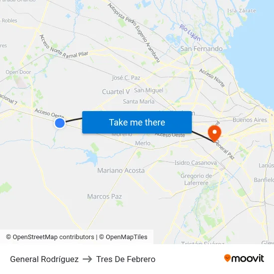 General Rodríguez to Tres De Febrero map