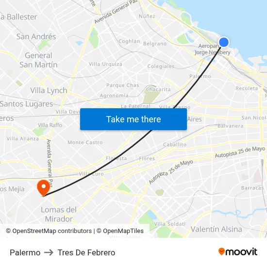 Palermo to Tres De Febrero map