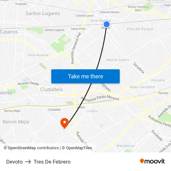 Devoto to Tres De Febrero map