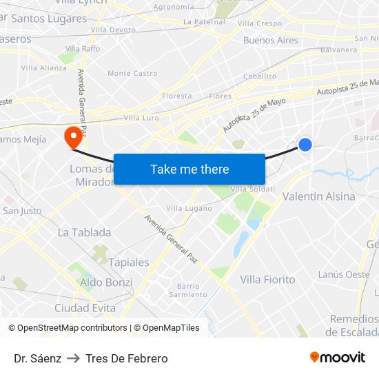 Dr. Sáenz to Tres De Febrero map