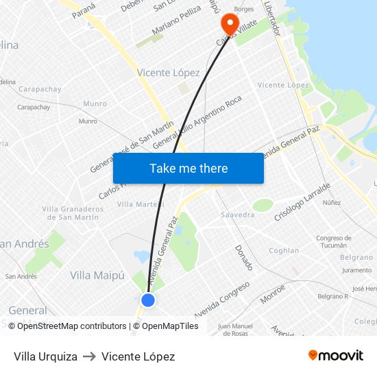 Villa Urquiza to Vicente López map