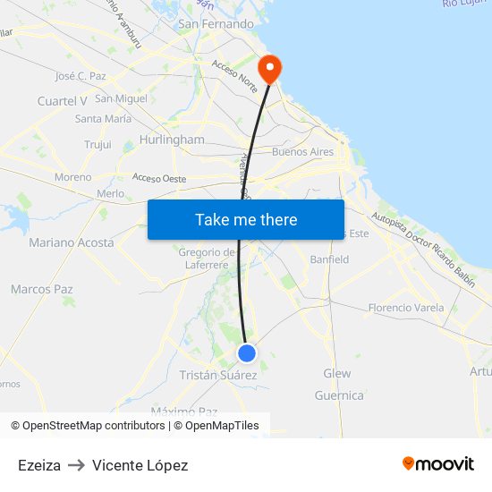 Ezeiza to Vicente López map