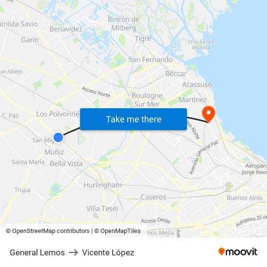 General Lemos to Vicente López map