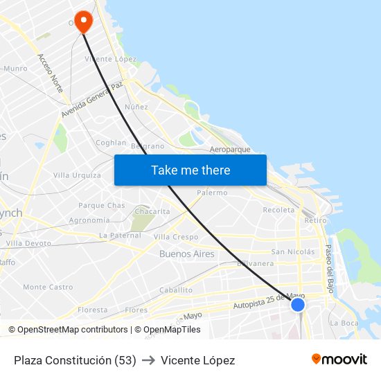 Plaza Constitución (53) to Vicente López map